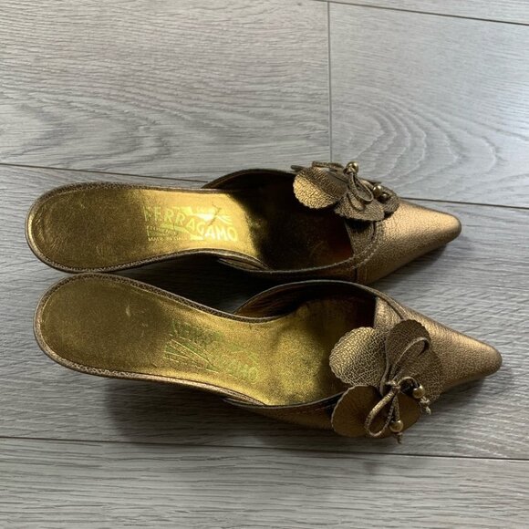 Salvator Ferragamo Gold Floral Kitten Heel Open Back Heels - Picture 6 of 13